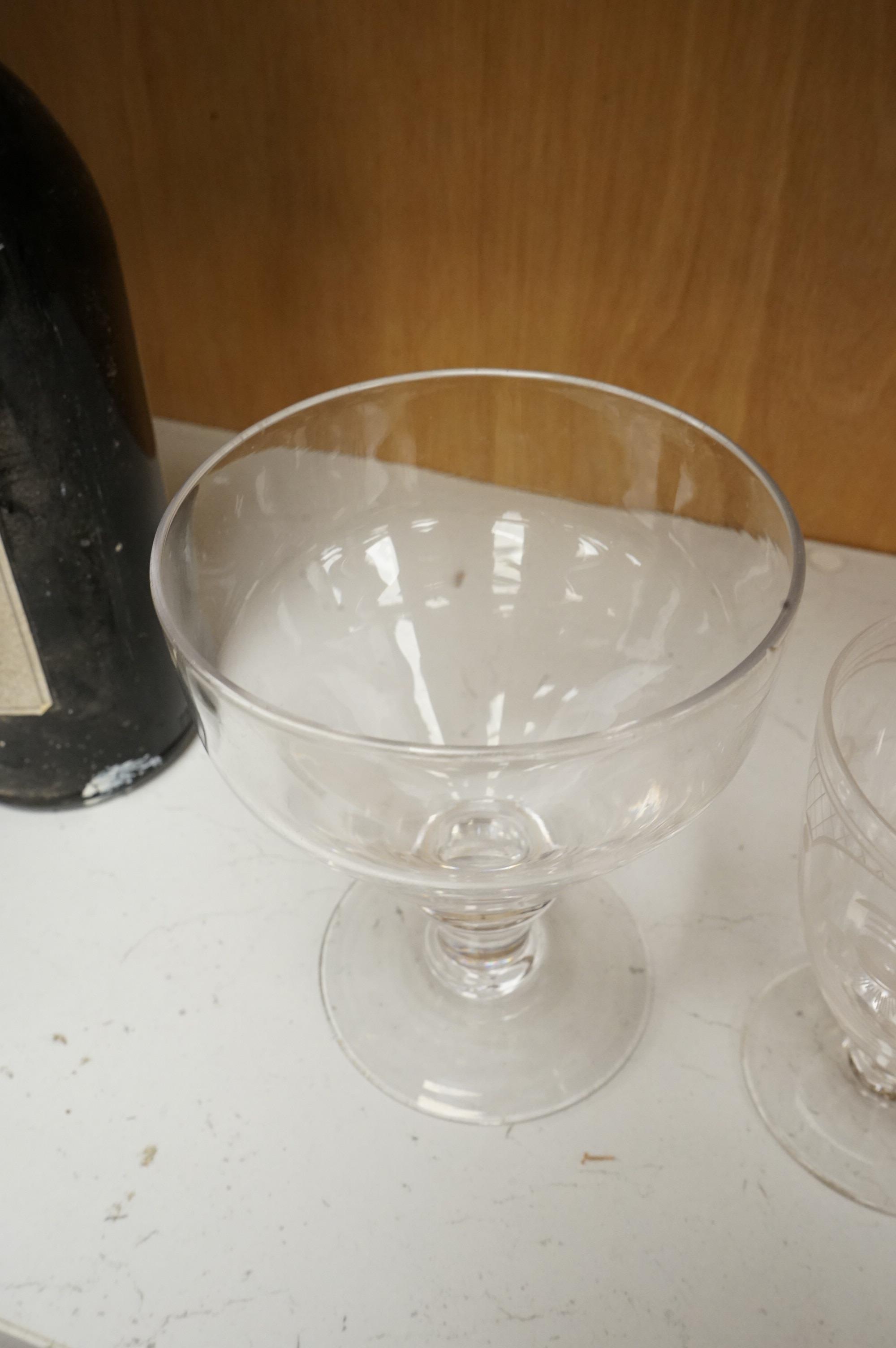 Two 19th century glass rummers and a smaller Masonic drinking glass, tallest 14cm